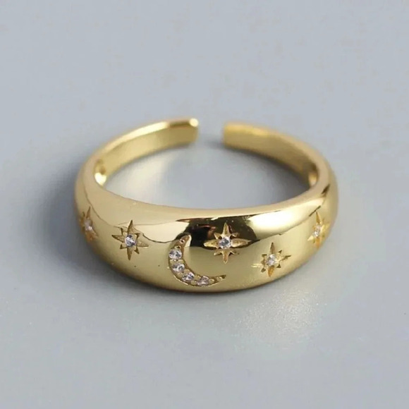 Minimalist 925 Sterling Silver Moon & Star Celestial Ring Dome Midi Thumb Ring - Picture 2 of 5